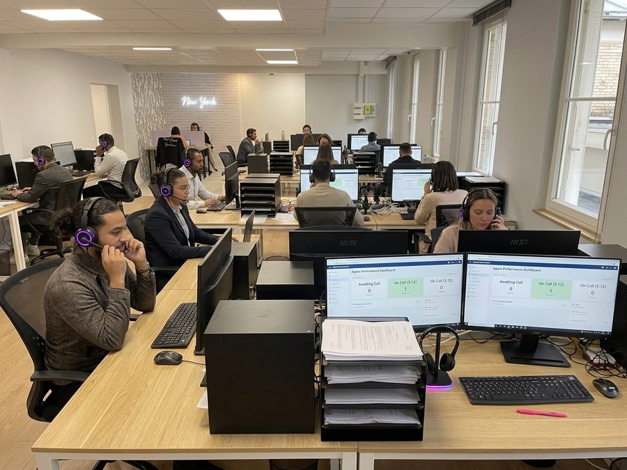 Plateau de téléprospection en activité, agents au casque devant leurs postes.