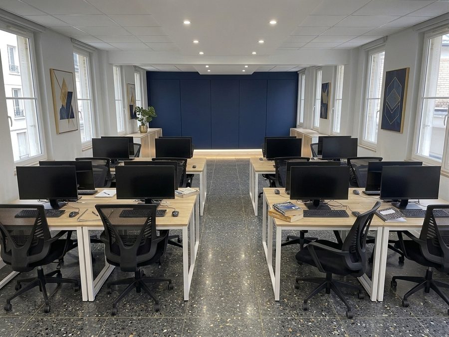 Salle de formation équipée de deux rangées de postes identiques.