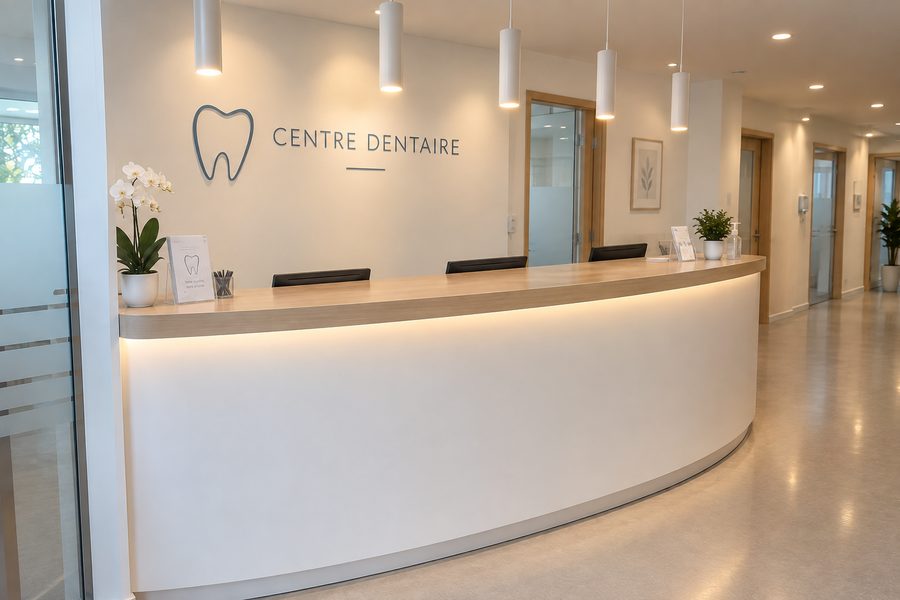 Banque d'accueil d'un centre médical, positions de réception équipées.