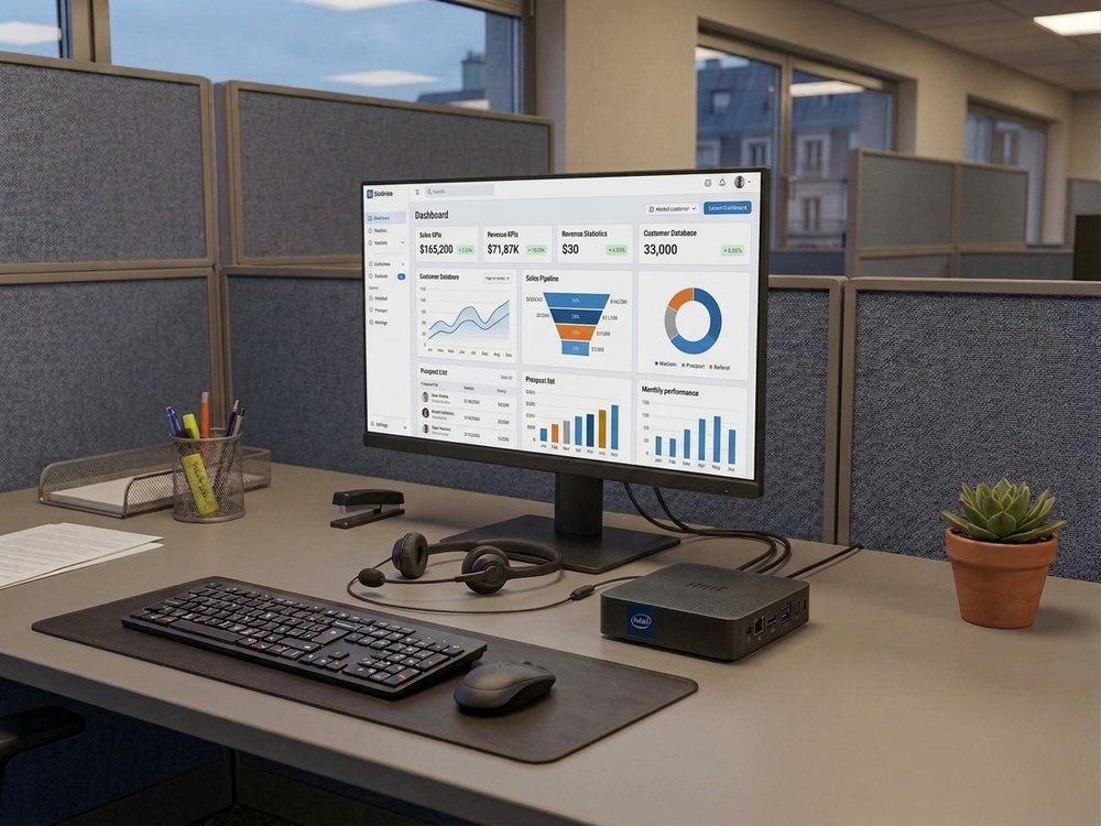 Poste complet installé : mini-PC Intel, écran affichant un tableau de bord CRM, clavier, souris et casque sur un bureau.